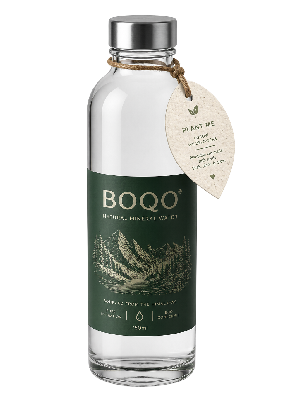 BOQO Seed Edition bottle with plantable leaf tag