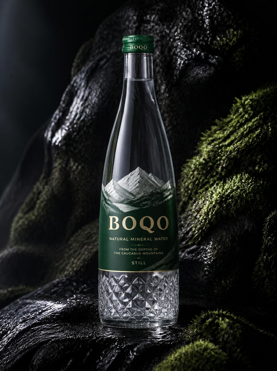 BOQO bottle on wet slate with moss under dramatic light