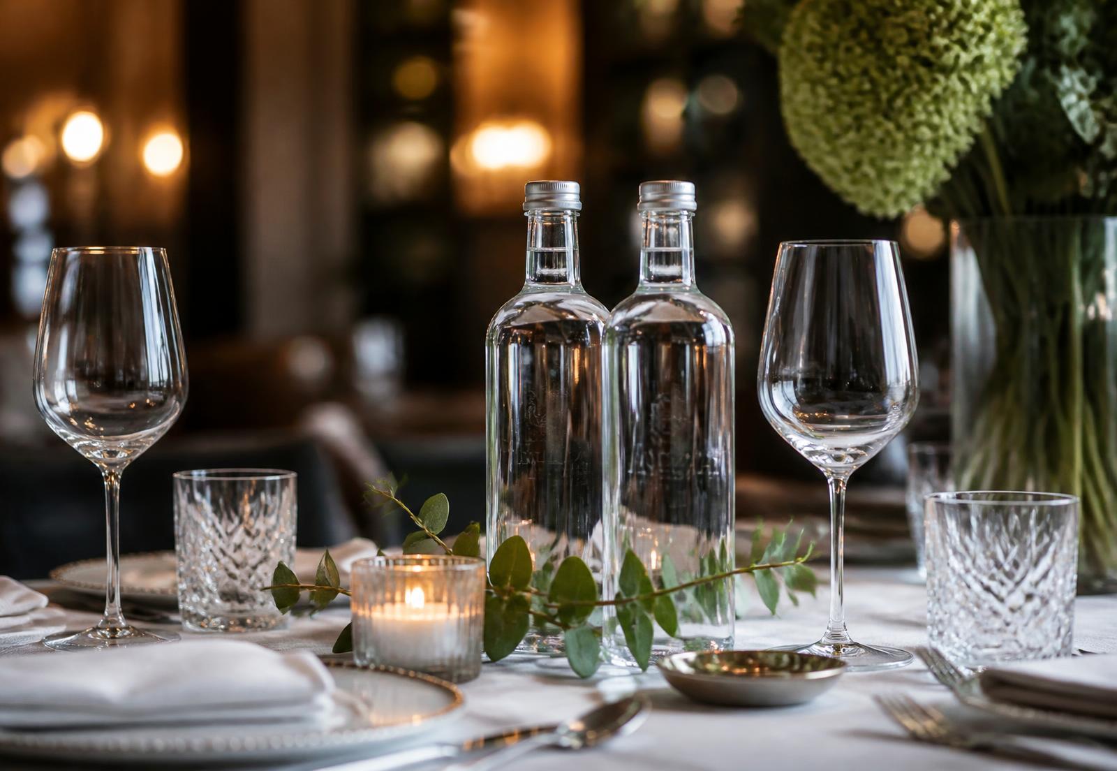 BOQO bottles on a candlelit fine dining table