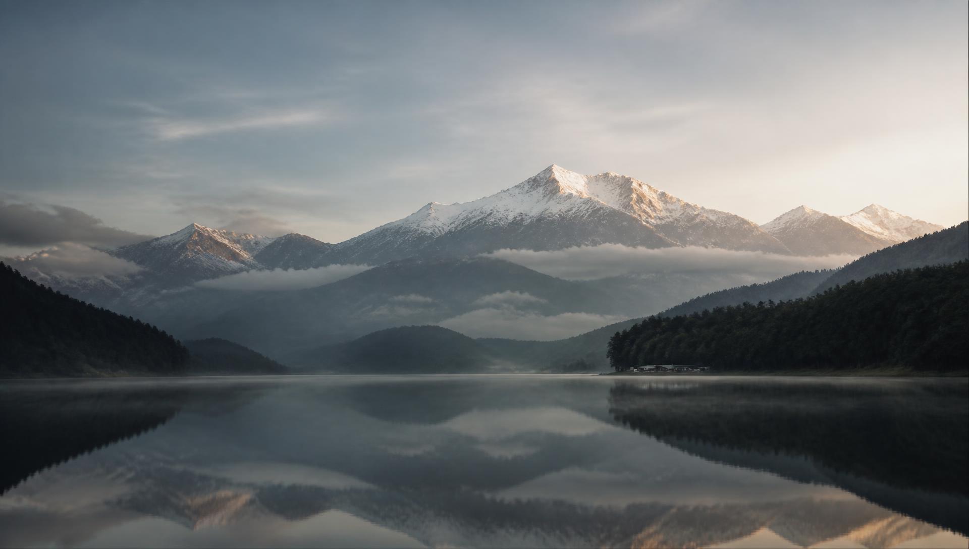 Snow-capped mountains reflected in a still glacial lake at sunrise