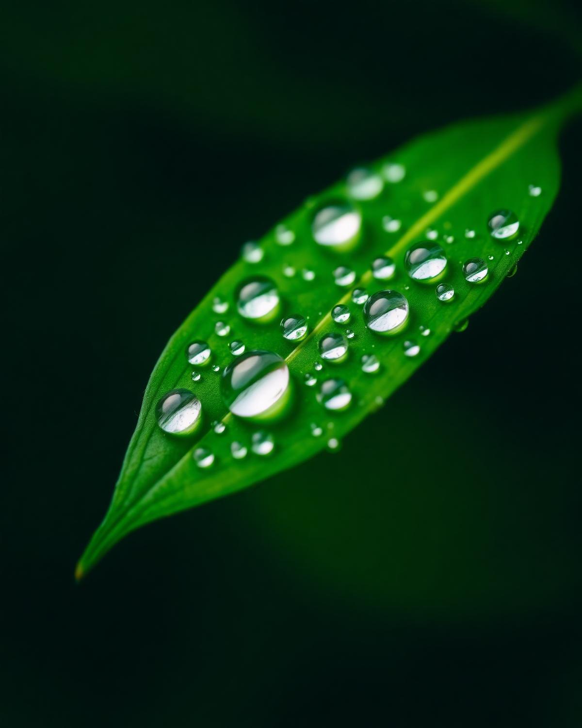 Water droplets resting on a vivid green leaf