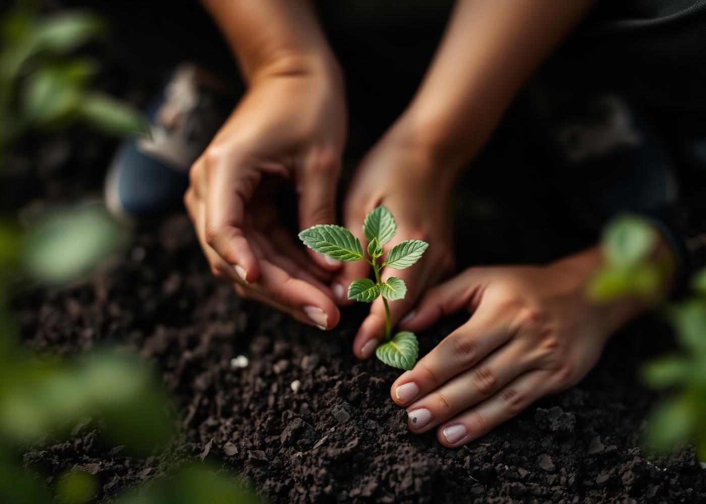 Hands planting a seedling into dark soil